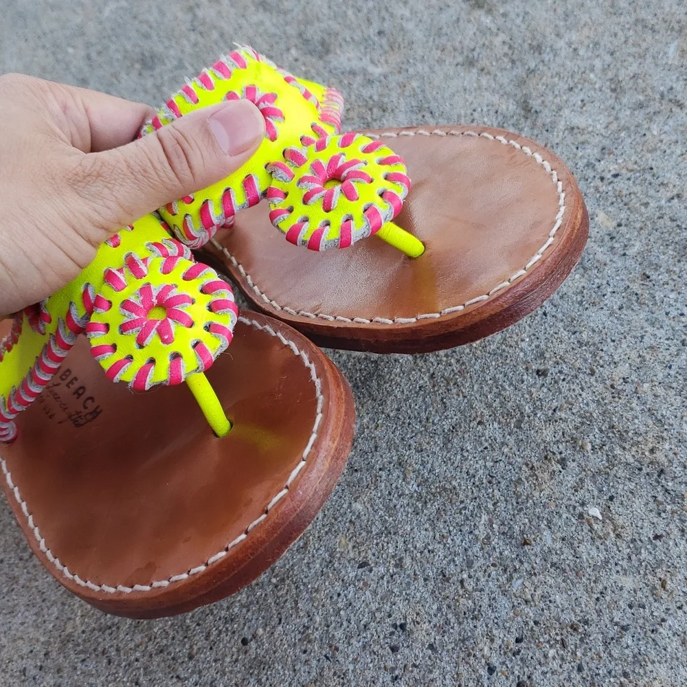 Palm Beach Handmade Leather Neon Green Pink Sandals Size 8 Beachy Tropical USA - Picture 16 of 16